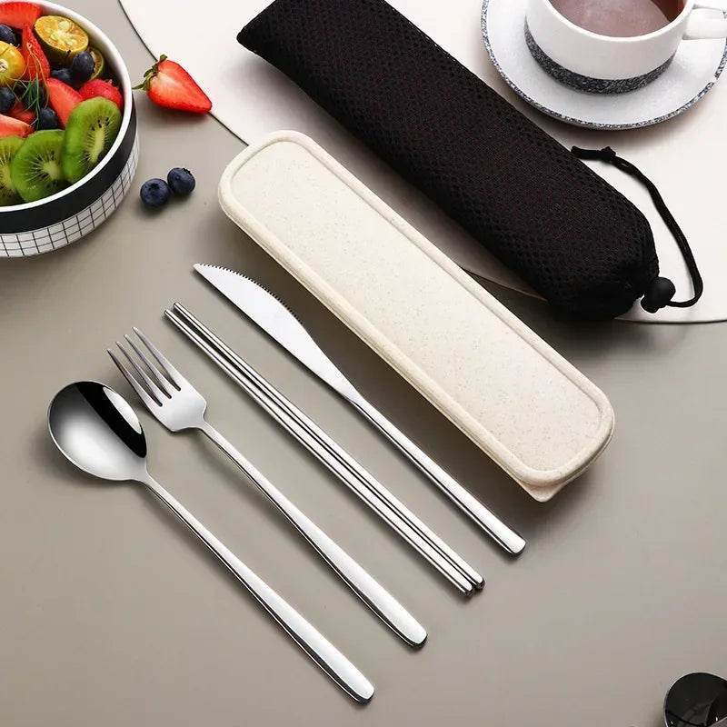 EMESA HOME Portable Stainless Steel Cutlery Set – Knife, Fork, Spoon, Chopsticks with Case, 4-Piece Travel Flatware Gift Set Silver