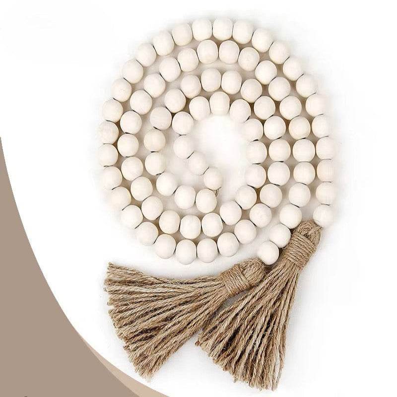 EMESA HOME Farmhouse Wood Bead Garland with Tassels – 58in Rustic Boho Prayer Beads, Country Wall Hanging Home Decor white 14mm