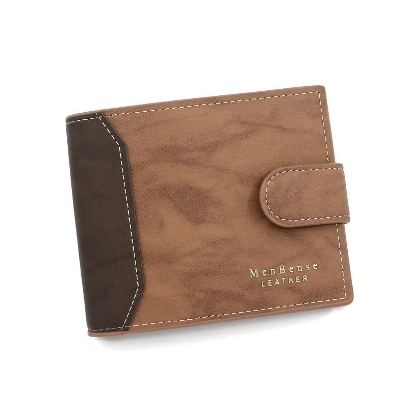 Brawn leather wallet with brown accent and 'MenBense Leather' branding on a white background