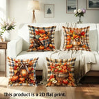 Four decorative throw pillows with autumn harvest prints are arranged on a white sofa in a living room setting, with a text overlay at the bottom stating 'This product is a 2D flat print.'.