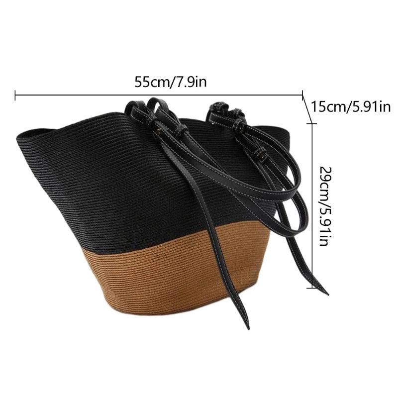 Black and brown bucket bag with measurements on a white background