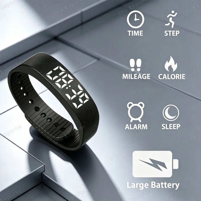 Black digital wristband fitness tracker shown on a gray tiled surface with feature icons for time, step, mileage, calorie, alarm, sleep, and large battery capacity.