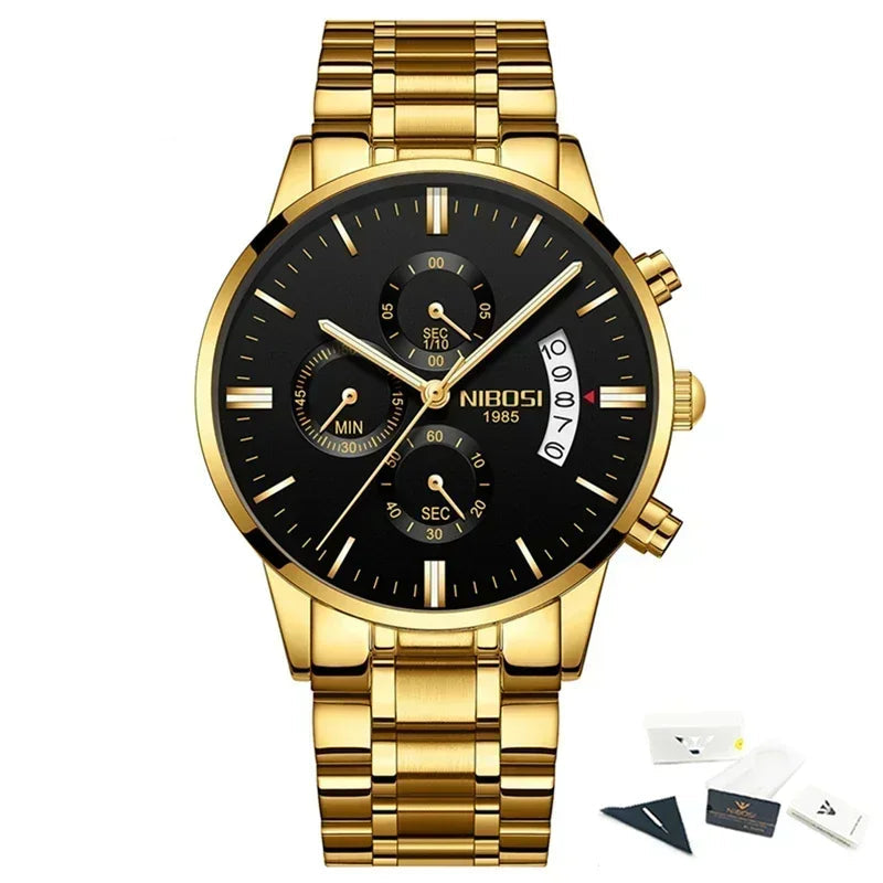 Gold wristwatch with black dial on a white background, featuring the NIBOSI brand.