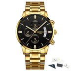 Gold wristwatch with black dial on a white background, featuring the NIBOSI brand.