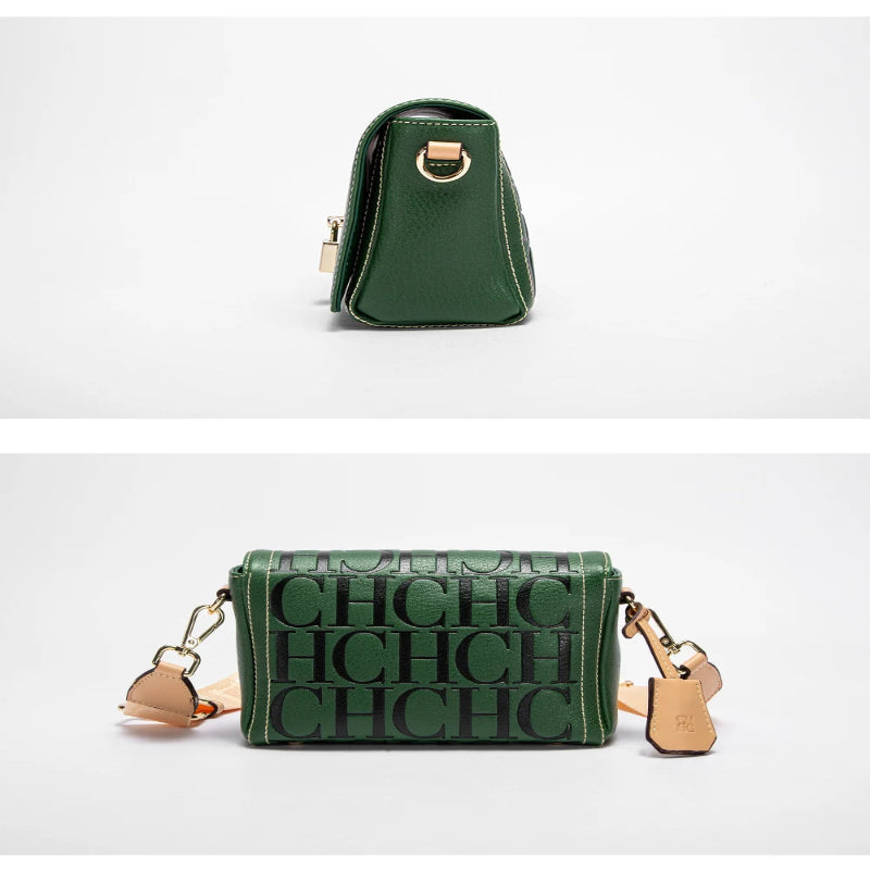 Green handbag with 'CHC' branding on a white background