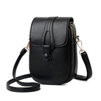 Black leather crossbody bag on a white background