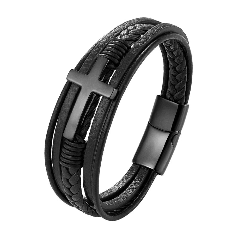 Black leather bracelet with cross charm on a white background