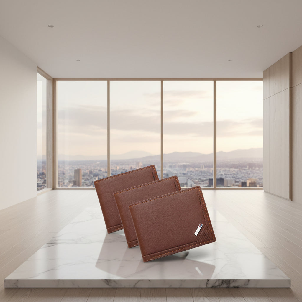 Three brown leather wallets with a brand logo on a white background