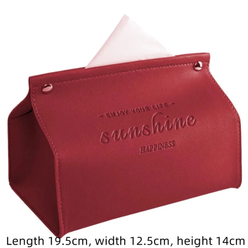 Red tissue holder with 'Enjoy your life, sunshine, happiness' text on a white background