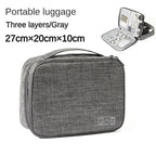 Gray portable luggage with three layers, open showing contents on a white background