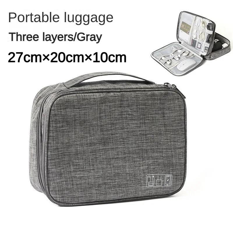 Gray portable luggage with three layers, open showing contents on a white background