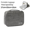 Gray portable luggage with three layers, open showing contents on a white background