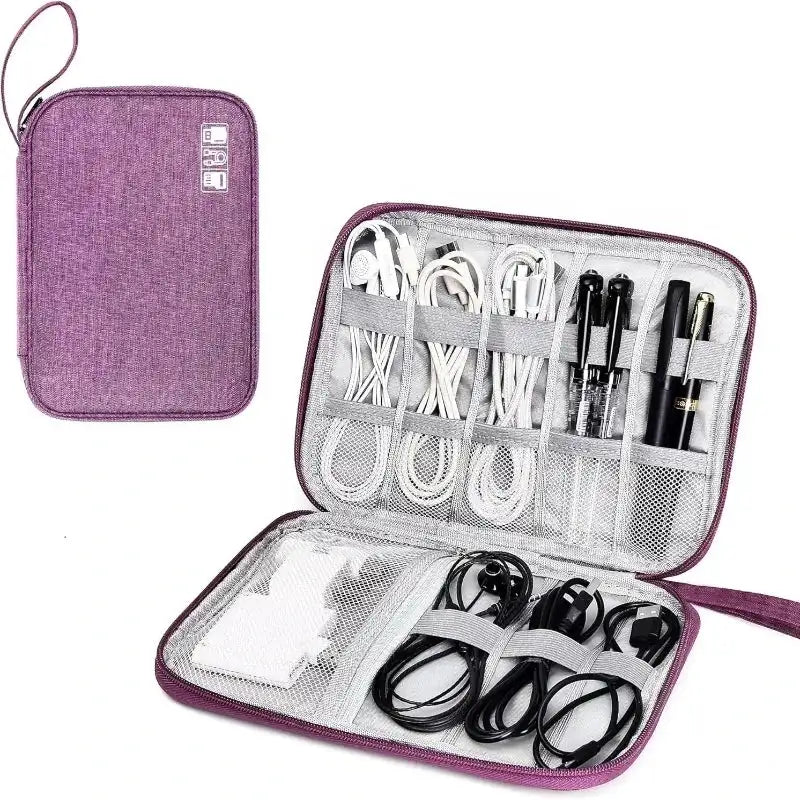 Purple travel case with electronic accessories on a white background