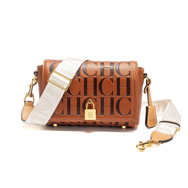 Brown handbag with white strap and gold accents on a white background