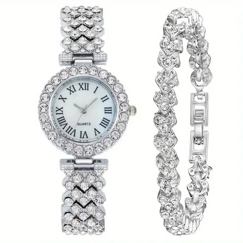 EMESA HOME 2PCS Luxury Women’s Watch Set – Rhinestone Roman Dial Quartz Watch with Stainless Steel Bracelet - EMESA HOME™