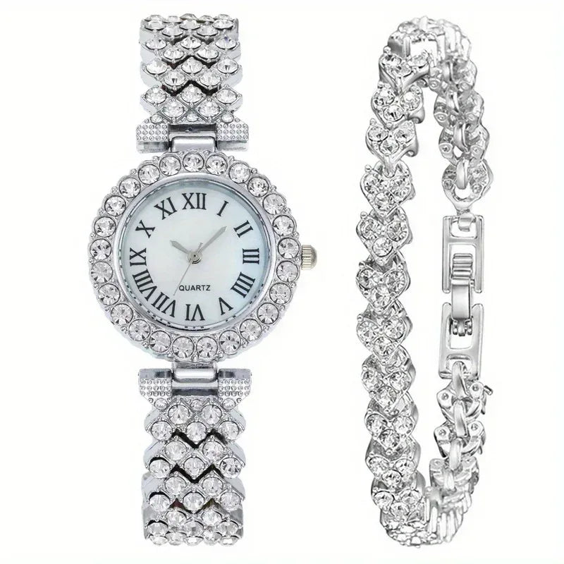 EMESA HOME 2PCS Luxury Women’s Watch Set – Rhinestone Roman Dial Quartz Watch with Stainless Steel Bracelet - EMESA HOME™
