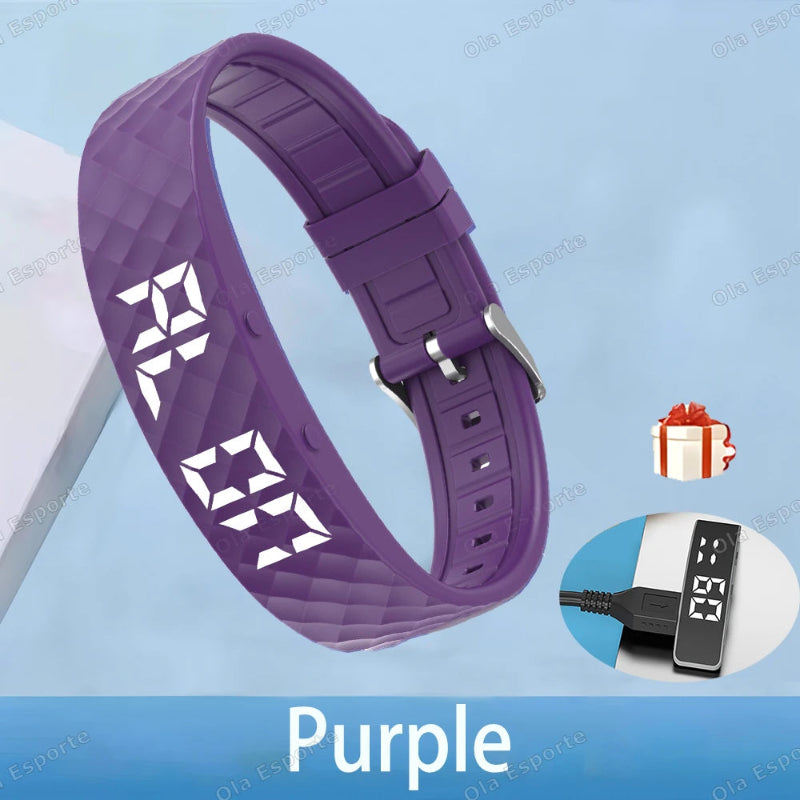 Purple digital dog collar with LED display on a light blue background