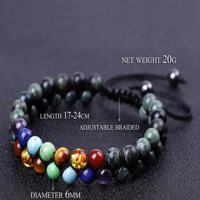 A beaded adjustable braided bracelet made of dark marbled jasper beads with a row of colorful accent beads, shown on a dark textured background with overlaid text detailing its weight, length, diameter, and model number.