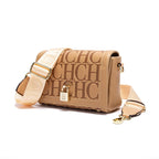 Beige handbag with gold strap and 'CHC' branding on a white background