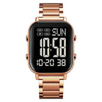 Rose gold digital watch with a clear background
