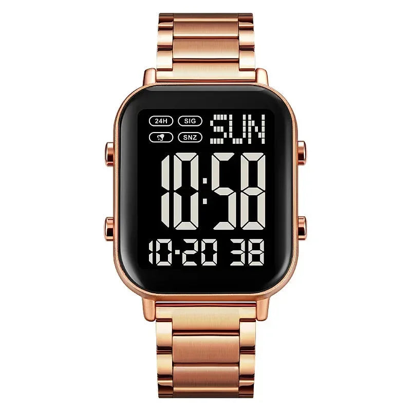 Rose gold digital watch with a clear background
