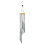Silver wind chime with wooden accent on a white background