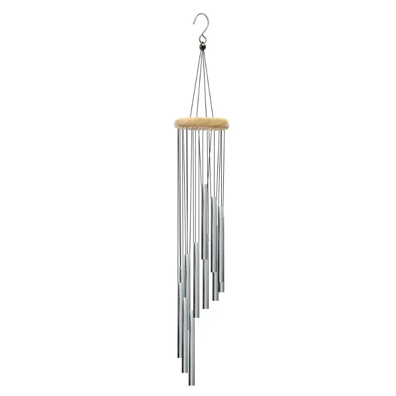 Silver wind chime with wooden accent on a white background