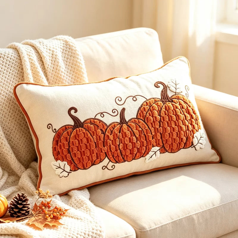 A rectangular cream throw pillow with a textured orange pumpkin design and brown stems, styled on a beige armchair with a cream knit blanket and autumn decor.