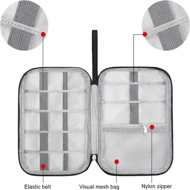 Open travel case with elastic belt, visual mesh bag, and nylon zipper highlighted.