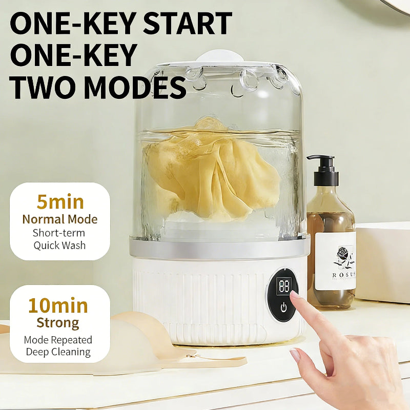 Clear container with a lid, inside which is a yellow cloth, on a light surface with text and a hand pressing a button.