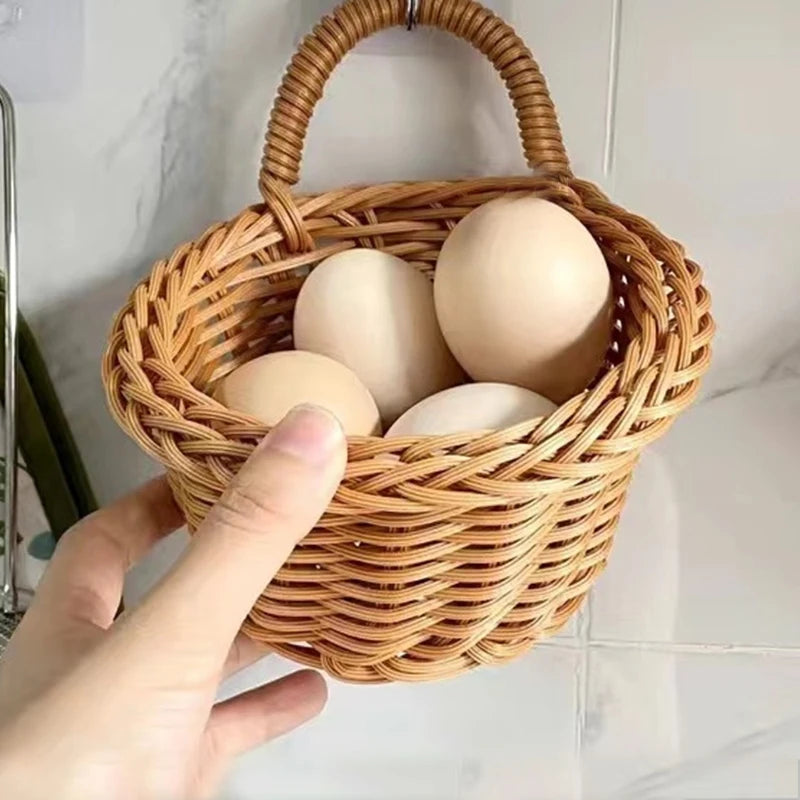 Wicker basket with eggs held by a hand on a tiled wall background