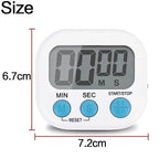 White digital kitchen timer with blue buttons and a gray LCD display, shown with dimension lines indicating 6.7 cm height and 7.