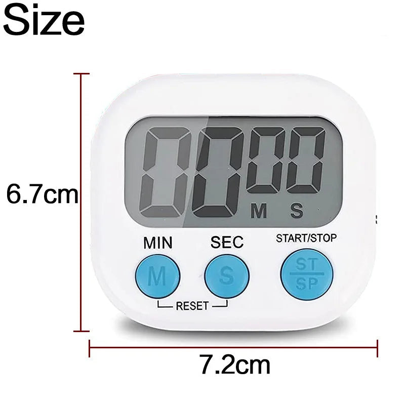 White digital kitchen timer with blue buttons and a gray LCD display, shown with dimension lines indicating 6.7 cm height and 7.
