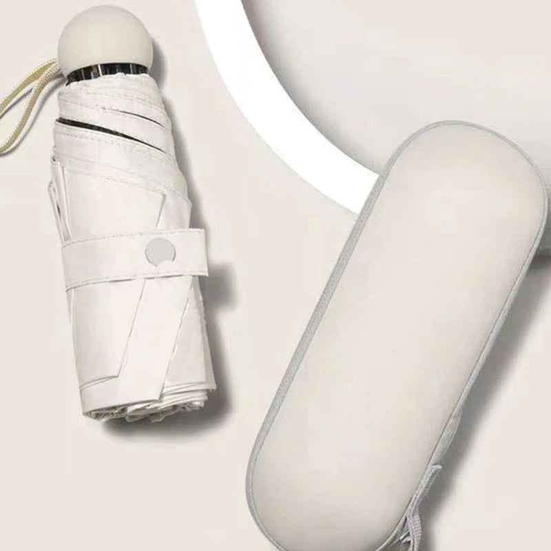 A compact white folding umbrella and its matching hard case, photographed on a clean light beige background.