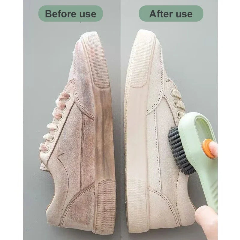 Pair of beige sneakers showing before and after use with a cleaning brush.