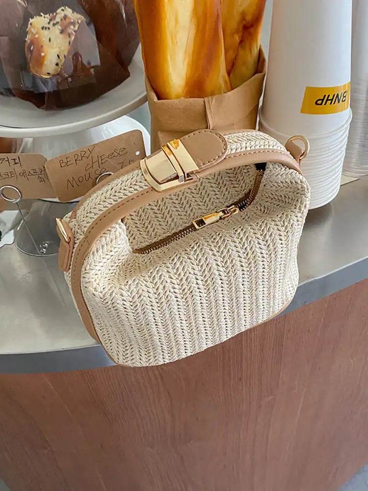 EMESA HOME Summer Straw Crossbody Bag – Woven Bucket Tote, Small Shoulder Handbag for Women, Casual Seaside Beach Style Beige