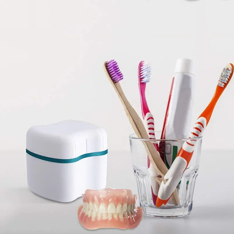 EMESA HOME Denture & Retainer Storage Case – Portable Cleaning Container for Dentures, Mouthguards & Travel Use