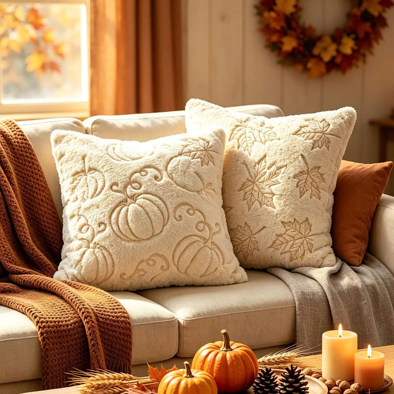 Two cream throw pillows with embroidered autumn motifs, styled on a beige sofa in a cozy living room setting with a brown knit blanket, candles, and pumpkins.
