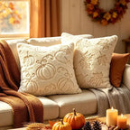 Two cream throw pillows with embroidered autumn motifs, styled on a beige sofa in a cozy living room setting with a brown knit blanket, candles, and pumpkins.