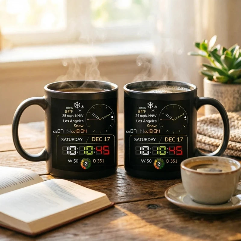 Two black ceramic mugs with a digital weather display design, shown on a wooden table with steam rising from hot coffee. An open book, a small potted plant, and a cup of coffee on a saucer are visible in a cozy indoor setting.