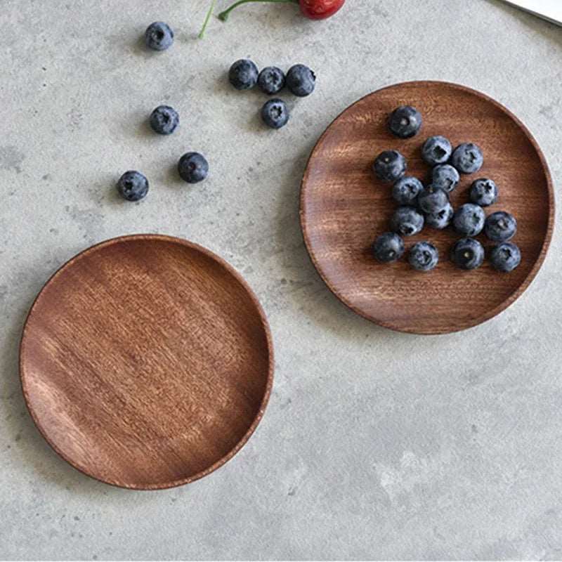 EMESA HOME Japanese Acacia Solid Wood Round Dessert Tray, Snack Platter, Dried Fruit Decorative Plate, Wooden Tableware for Household