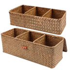 EMESA HOME Hand-Woven Storage Basket with Lid – 3-Grid Rectangular Wardrobe Organizer for Clothes & Sundries - EMESA HOME™