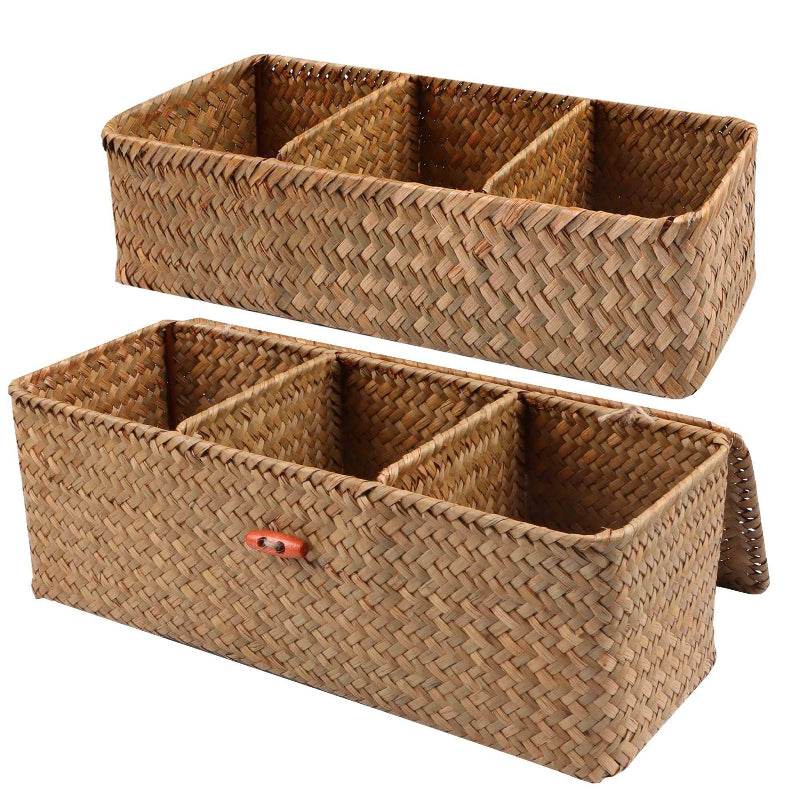 EMESA HOME Hand-Woven Storage Basket with Lid – 3-Grid Rectangular Wardrobe Organizer for Clothes & Sundries