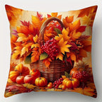 Decorative pillow with autumn design featuring pumpkins, leaves, and a basket on a white background