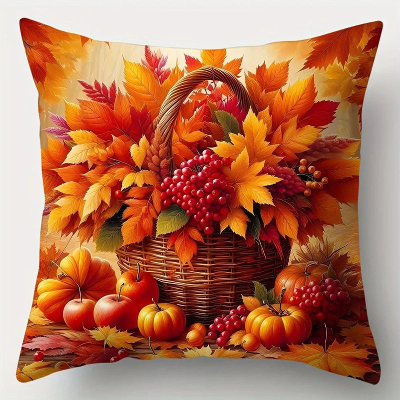Decorative pillow with autumn design featuring pumpkins, leaves, and a basket on a white background