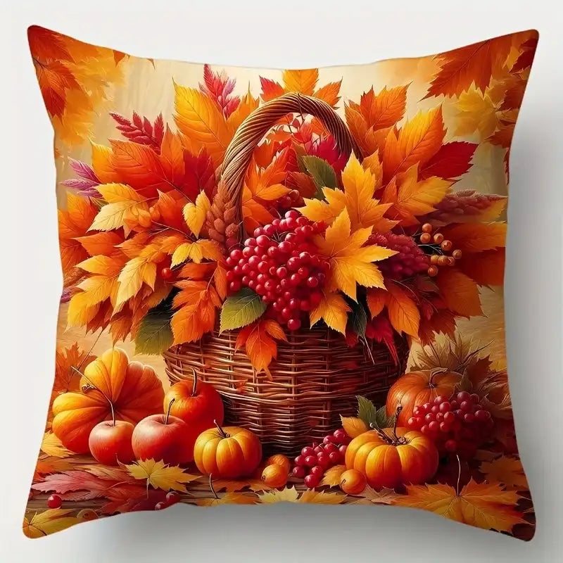 Decorative pillow with autumn design featuring pumpkins, leaves, and a basket on a white background