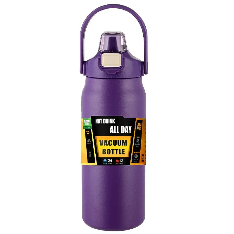 Purple vacuum bottle with a label on a white background