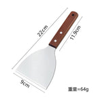 Spatula with wooden handle and metal blade, shown with measurements on a white background.