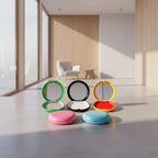 Set of colorful round mirrors with open and closed lids on a white background