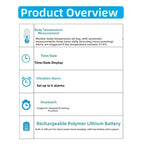 A product overview infographic detailing the features of a digital body temperature monitor, including body temperature measurement, time and date display, vibration alarm, stopwatch function, and a rechargeable polymer lithium battery.